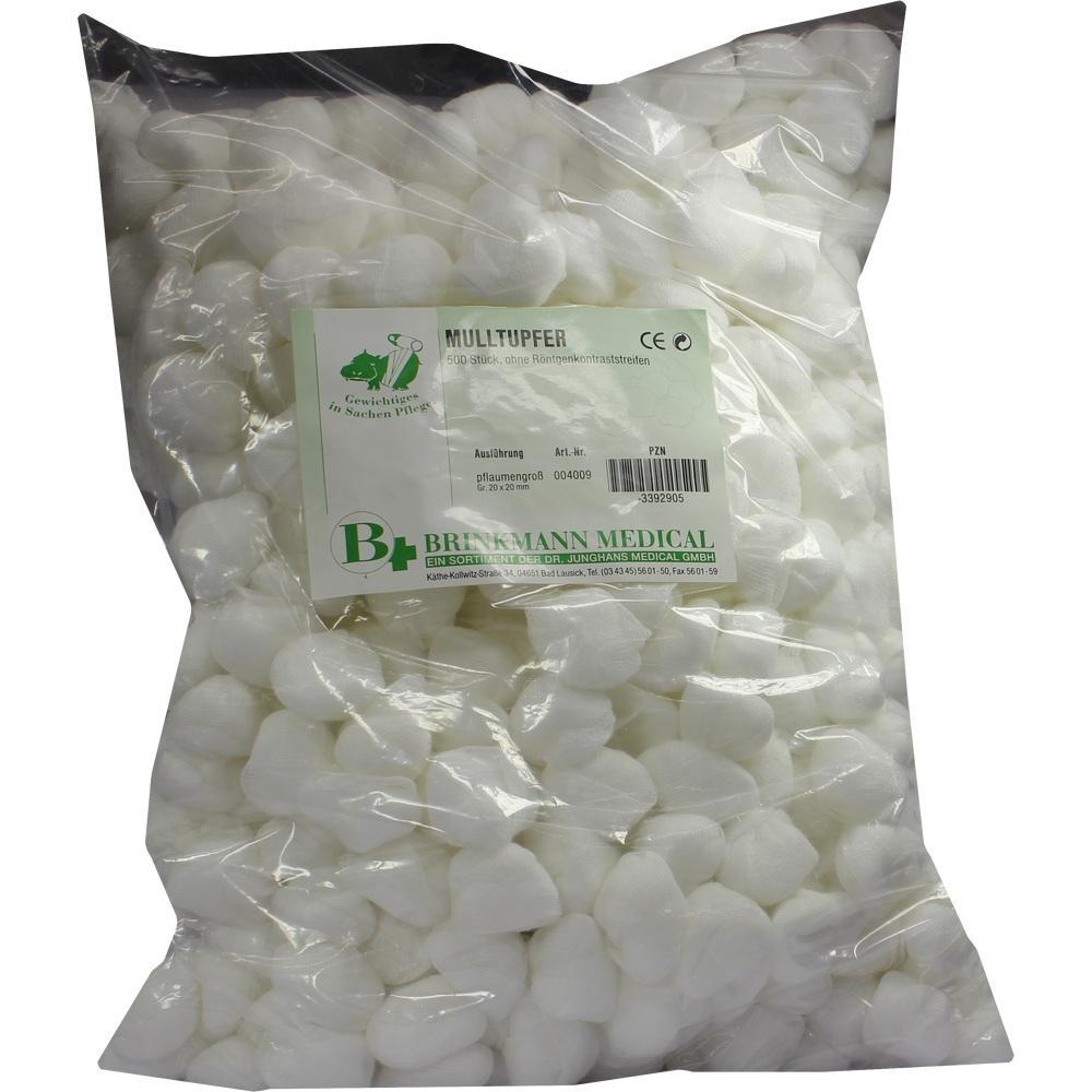 Eine Tüte mit vielen weißen Mulltupfern, verpackt in Plastik.