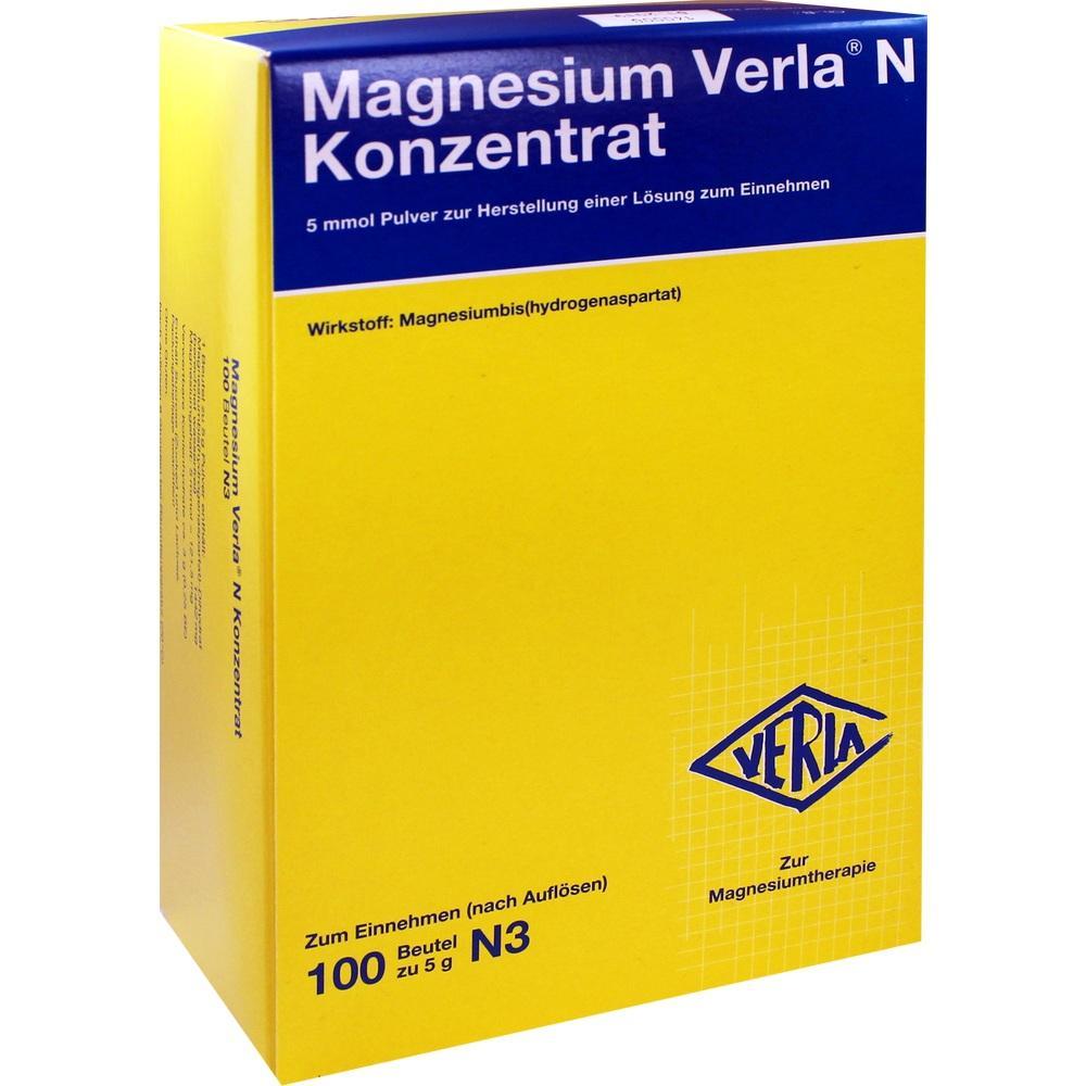 Gelbe Verpackung von Magnesium-Verla-Pulver zur Zubereitung einer Nahrungsergänzung.