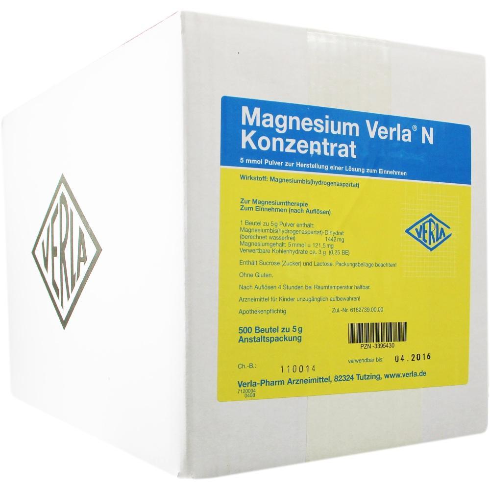 Weiße Packung mit blauem Etikett für Magnesium-Verla-Pulver.