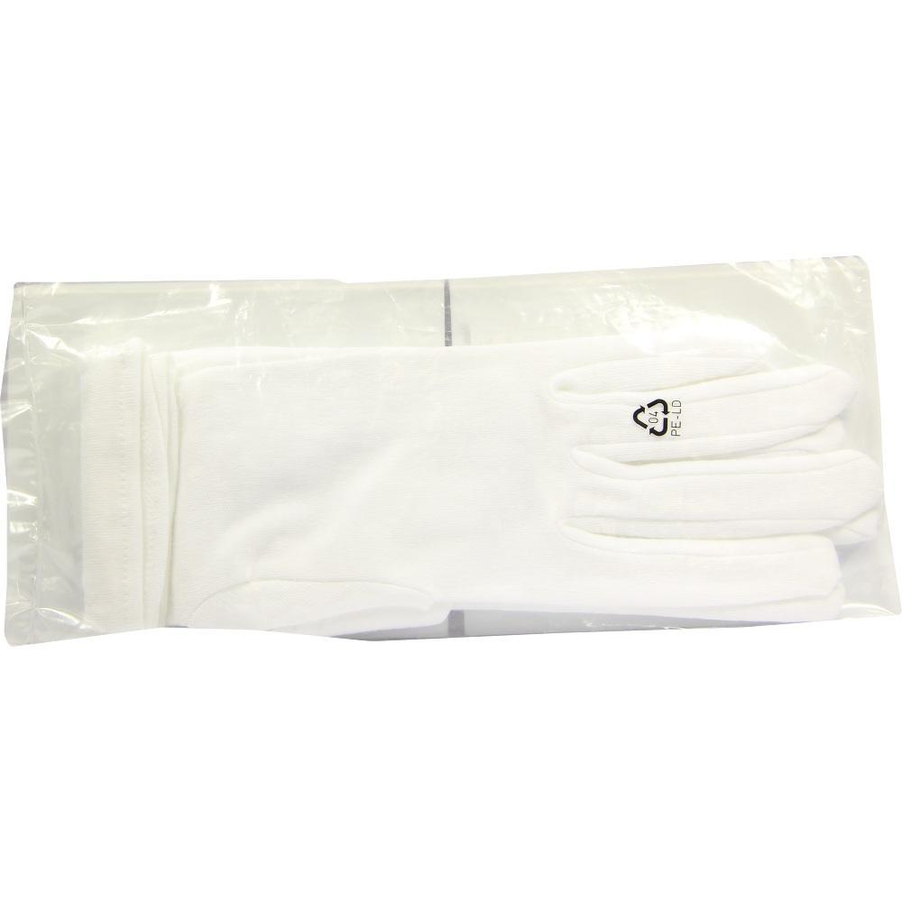 Ein Paar weiße Handschuhe liegt verpackt in einer durchsichtigen Plastiktüte.