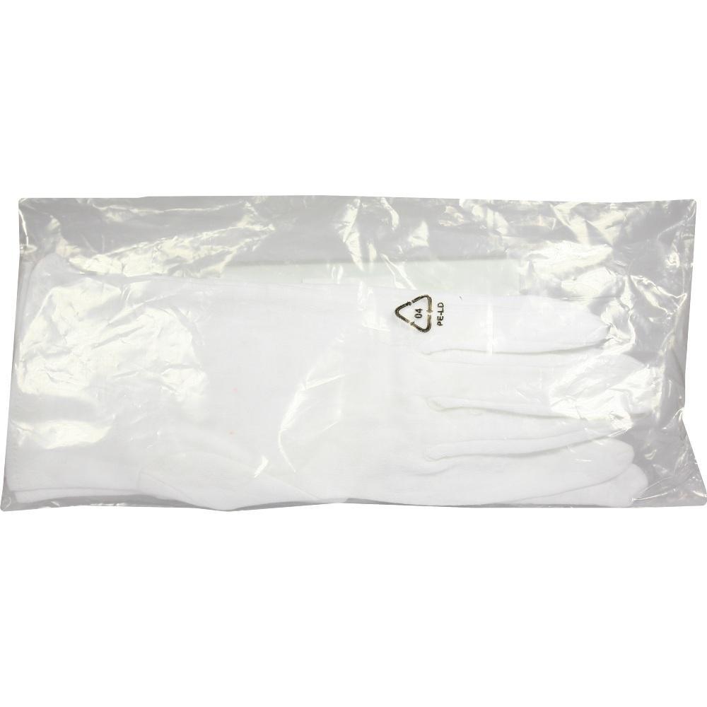 Wei&szlig;e Handschuhe liegen in einer transparenten Plastikt&uuml;te.