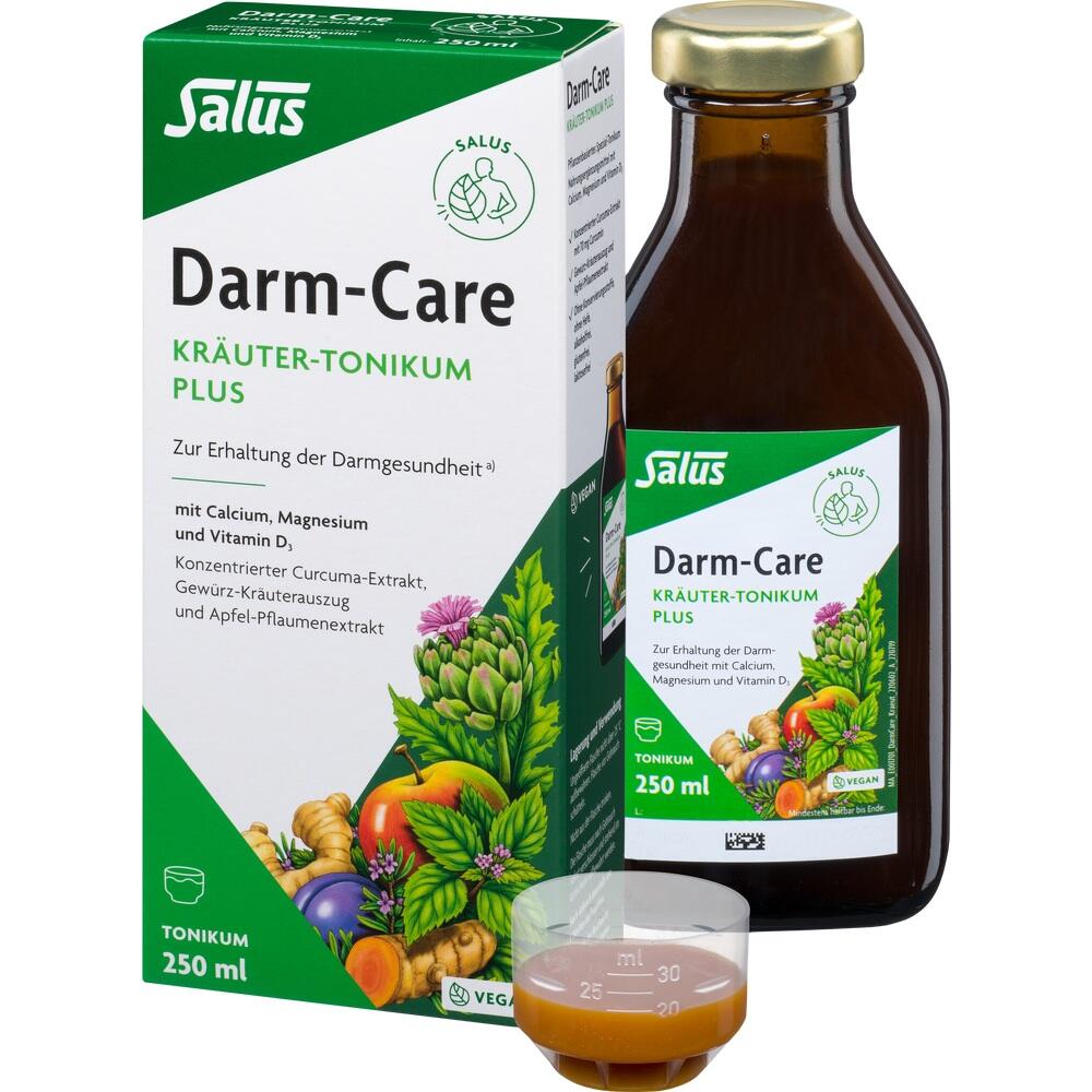 Braune Flasche und Verpackung mit der Aufschrift "Darm-Care Kräuter-Tonikum Plus".