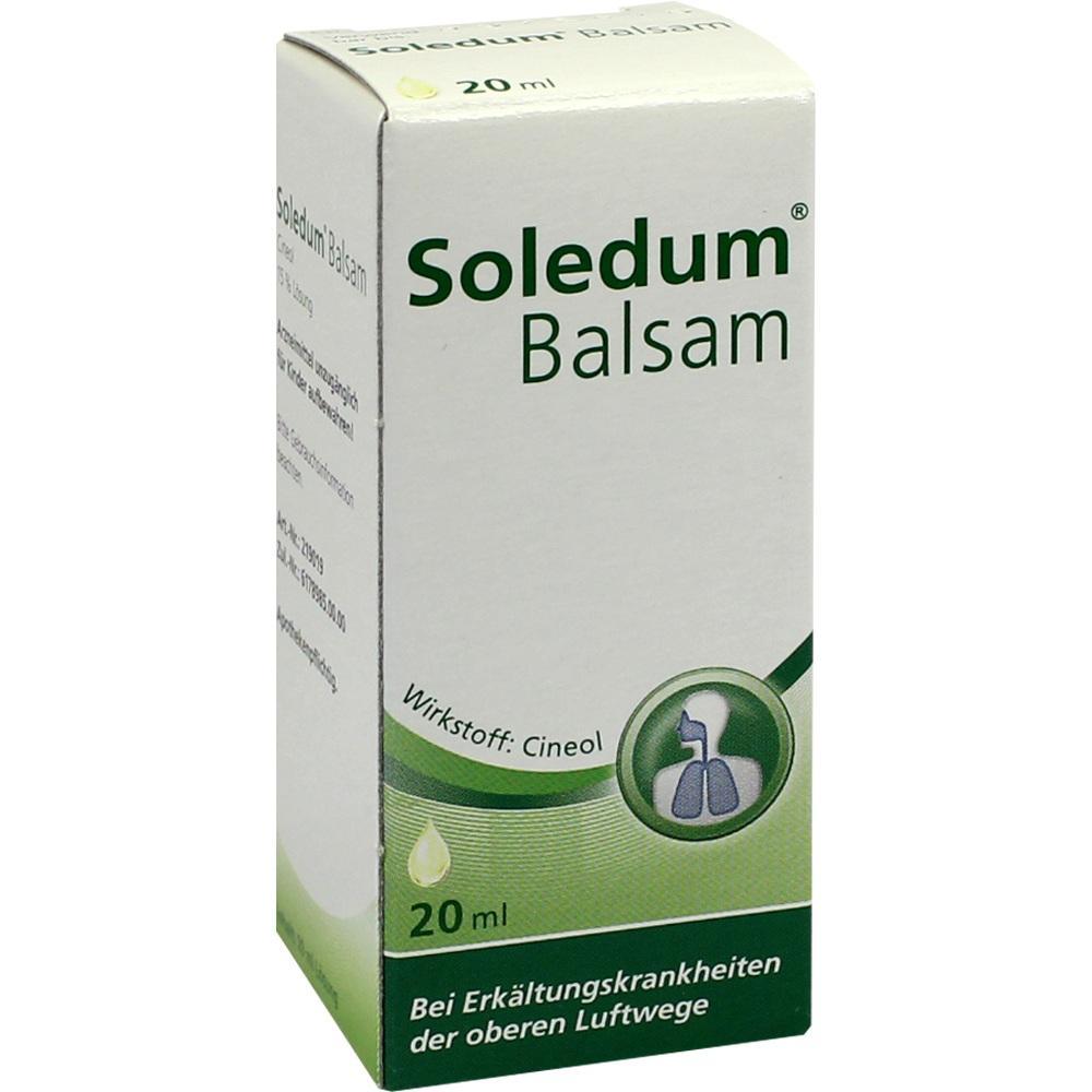 Weiße Schachtel mit der Aufschrift "Soledum Balsam" zur Behandlung von Erkältungen.
