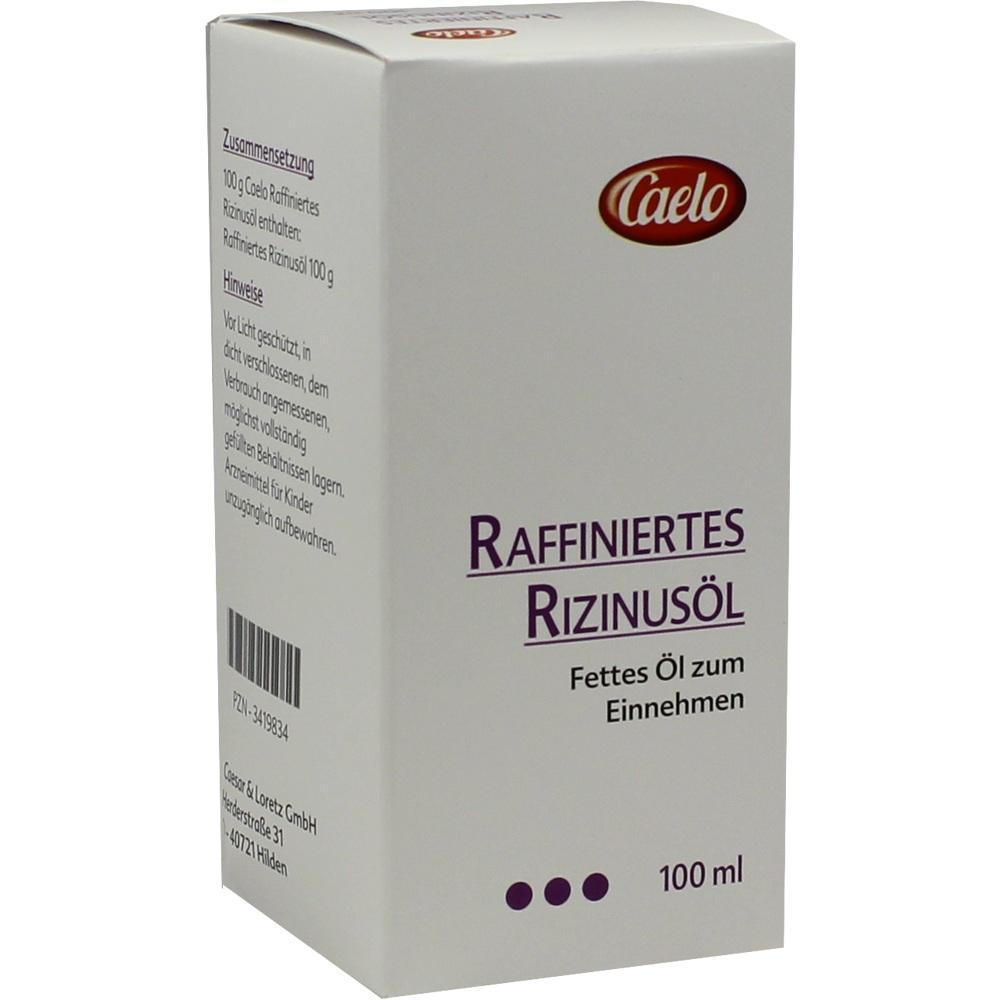 Eine weiße Schachtel mit raffinierterem Rizinusöl zum Einnehmen, 100 ml.