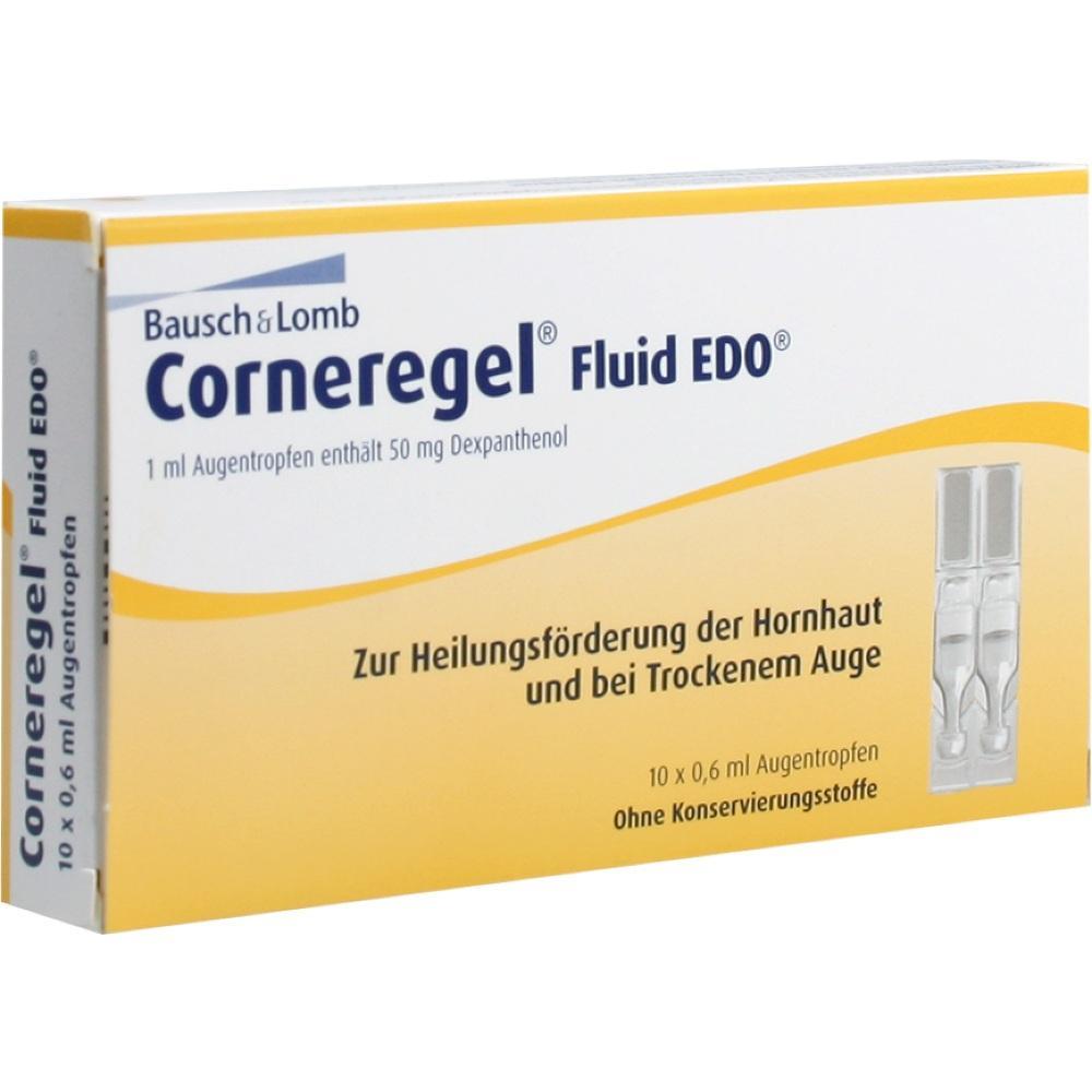 Gelbe Packung mit Augentropfen von "Corneregel Fluid" f&uuml;r die Augenheilung.