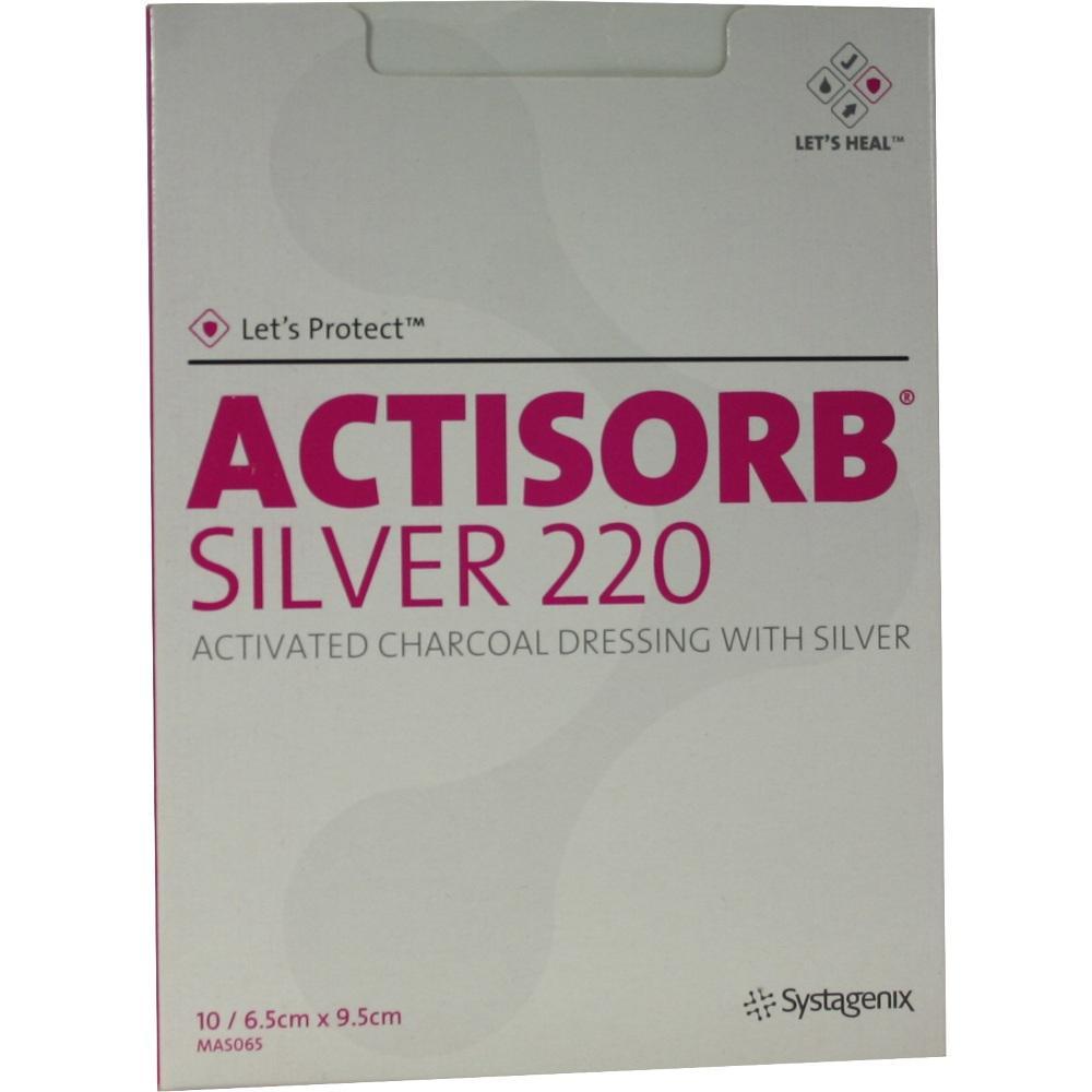 Verpackung von ACTISORB SILVER 220, eine Aktivkohle-Wundauflage mit Silber.
