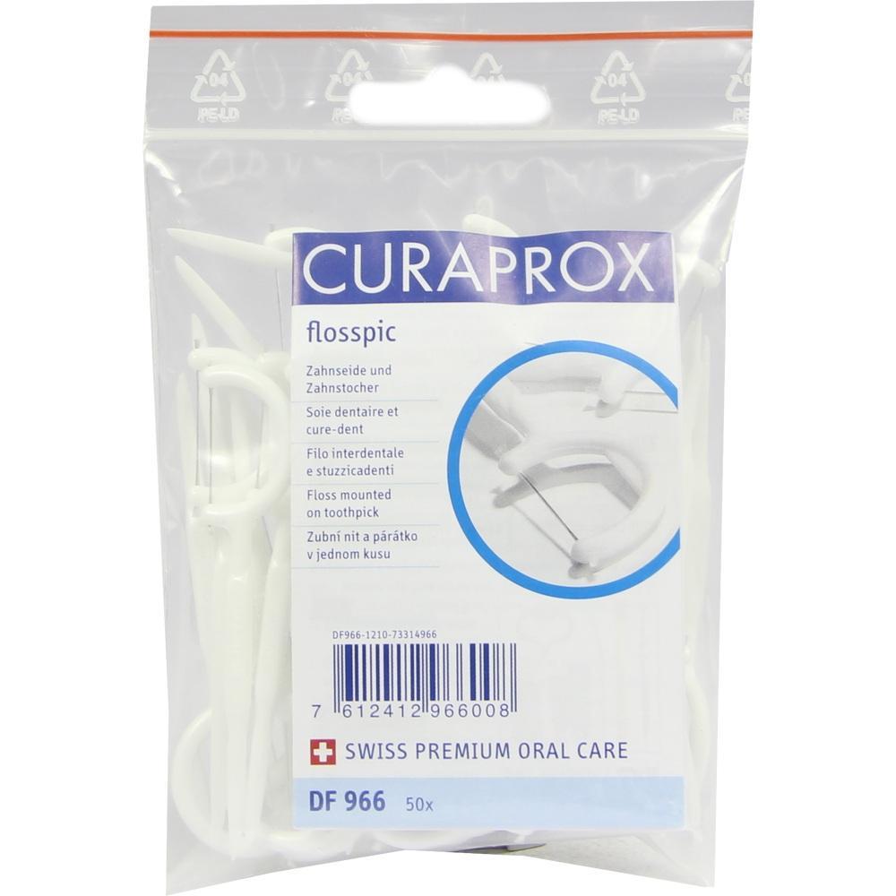 Verpackung mit weißen Zahnseidesticks von Curaprox.