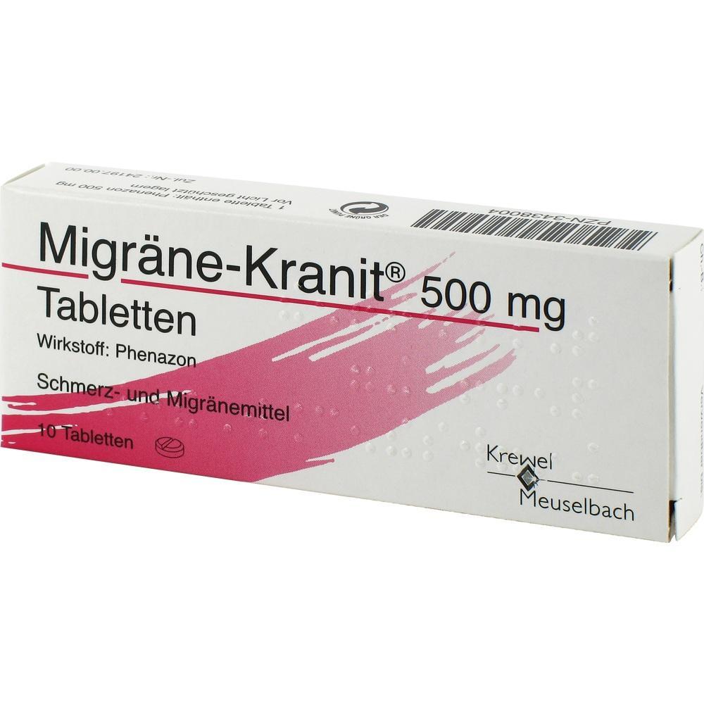 Packung mit Migränetabletten, Wirkstoff Phenazon, für Schmerzbehandlung, 500 mg.