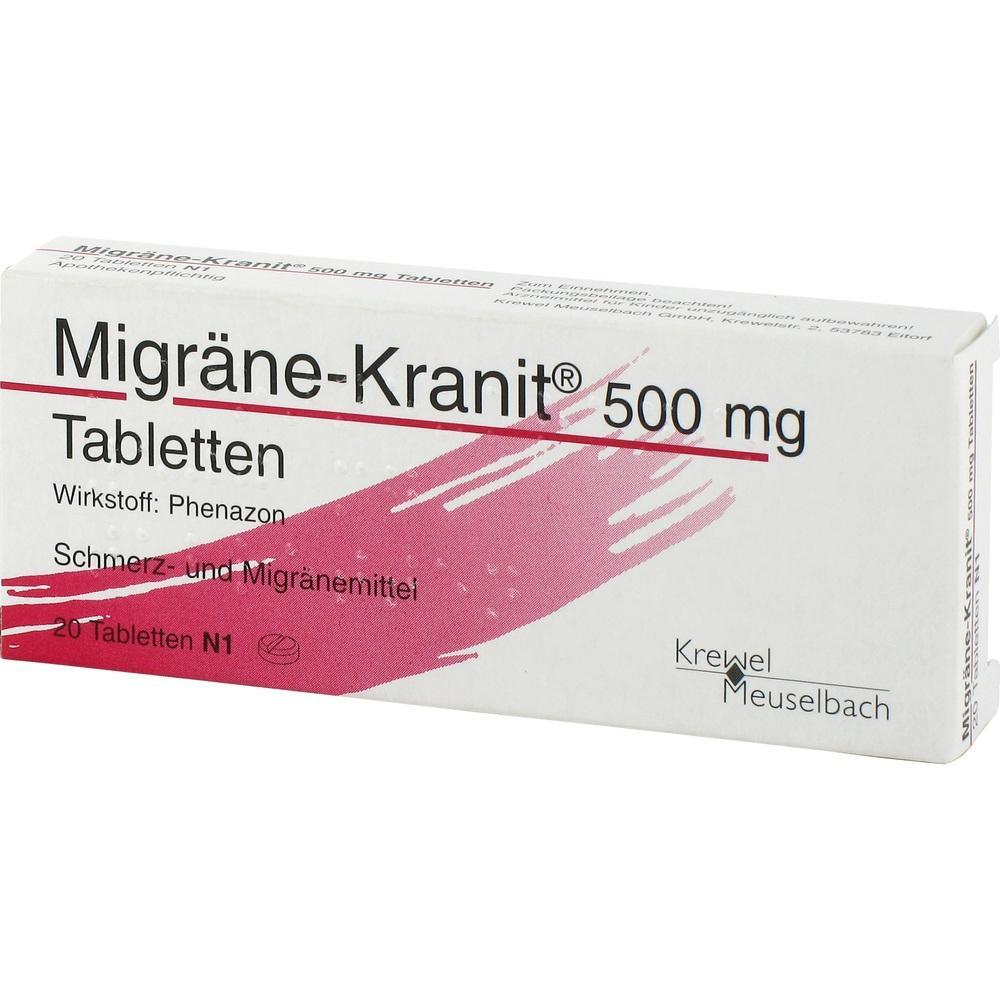 Packung Tabletten gegen Migräne mit 500 mg Wirkstoff Phenazon.