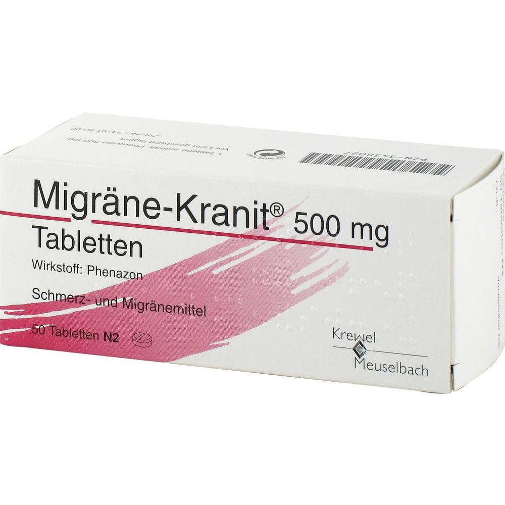 Eine Packung Tabletten gegen Migräne mit 500 mg Wirkstoff Phenazon.