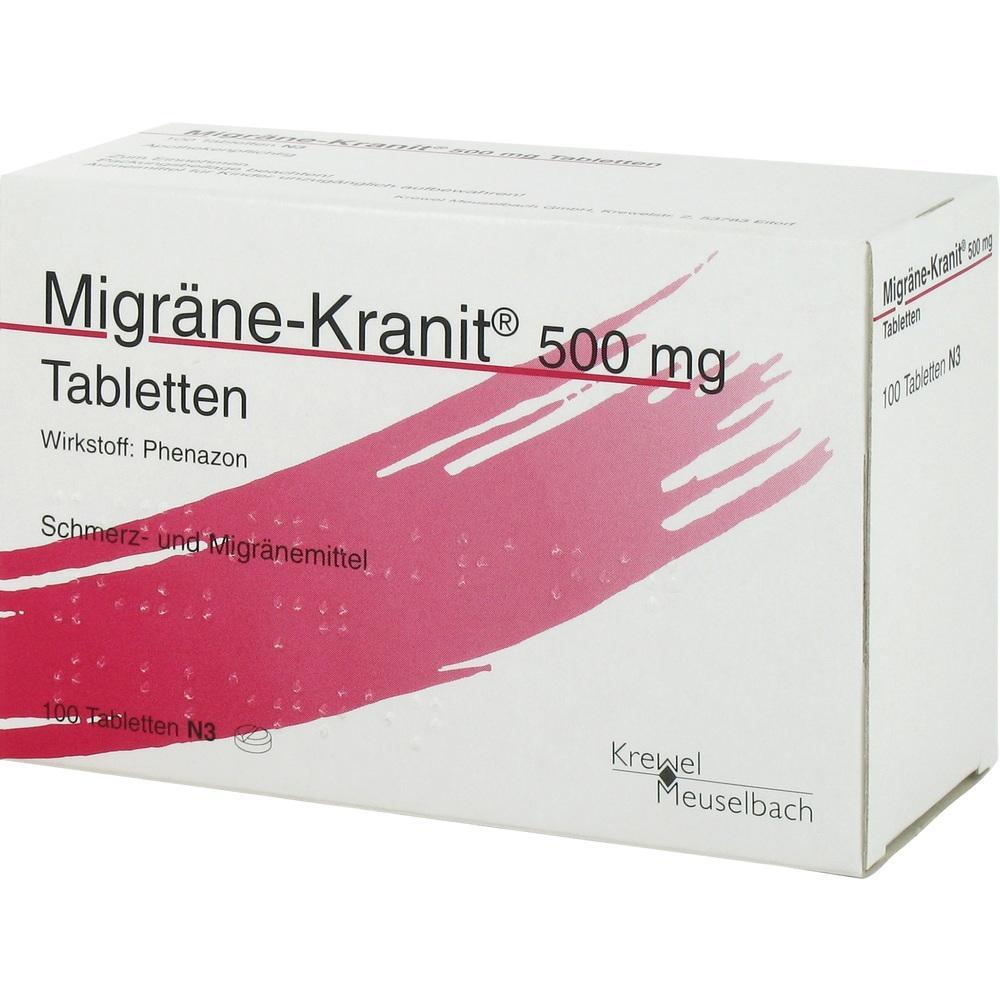 Ein weißer Karton mit der Aufschrift "Migräne-Kranit 500 mg Tabletten".