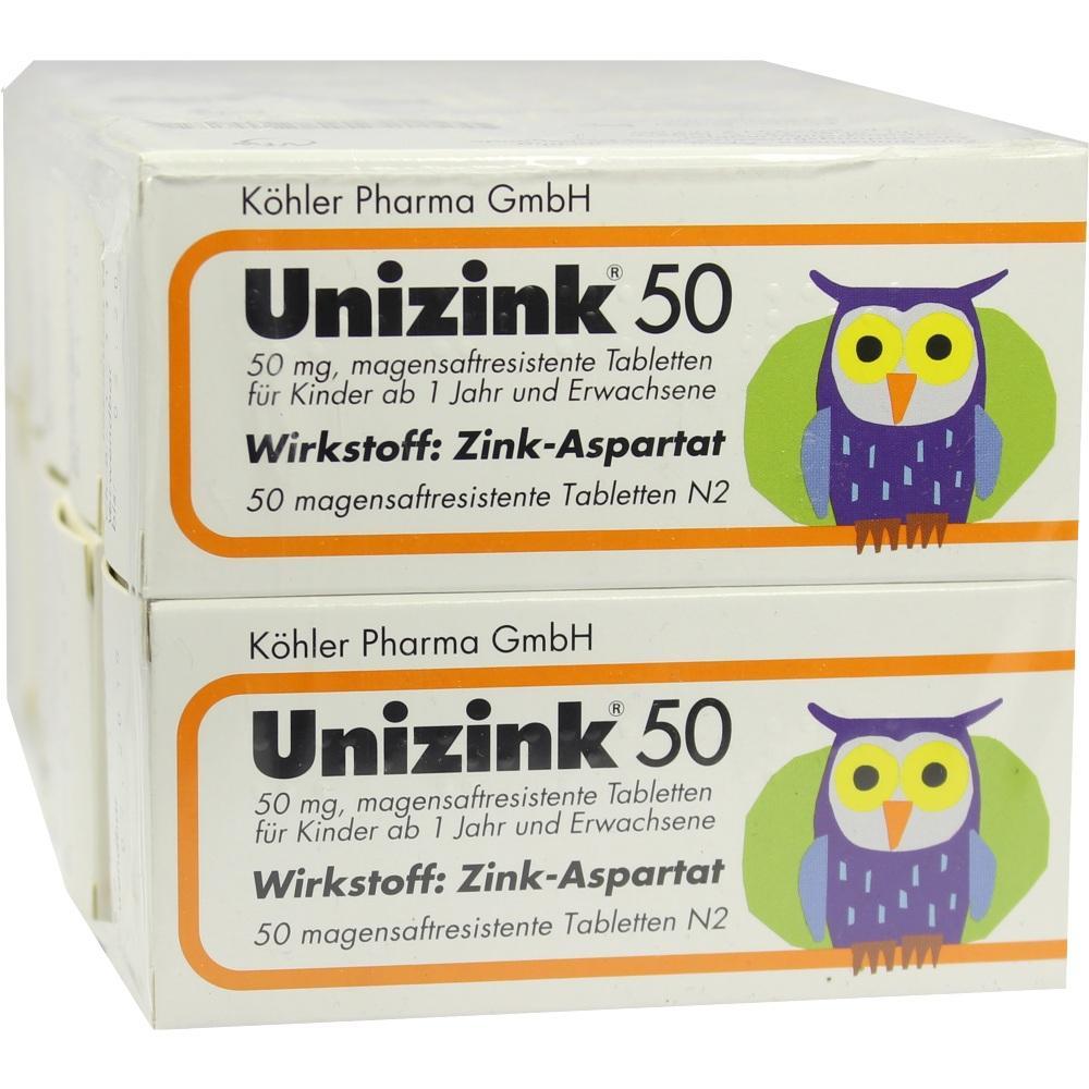 Zwei Packungen Unizink 50 Tabletten mit einer bunten Eule auf der Vorderseite.
