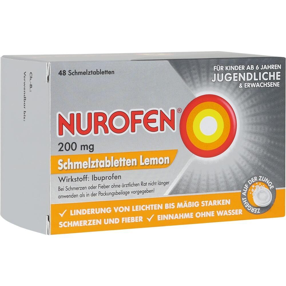 Packung Nurofen Schmelztabletten Lemon, 200 mg, für Schmerzen und Fieber.