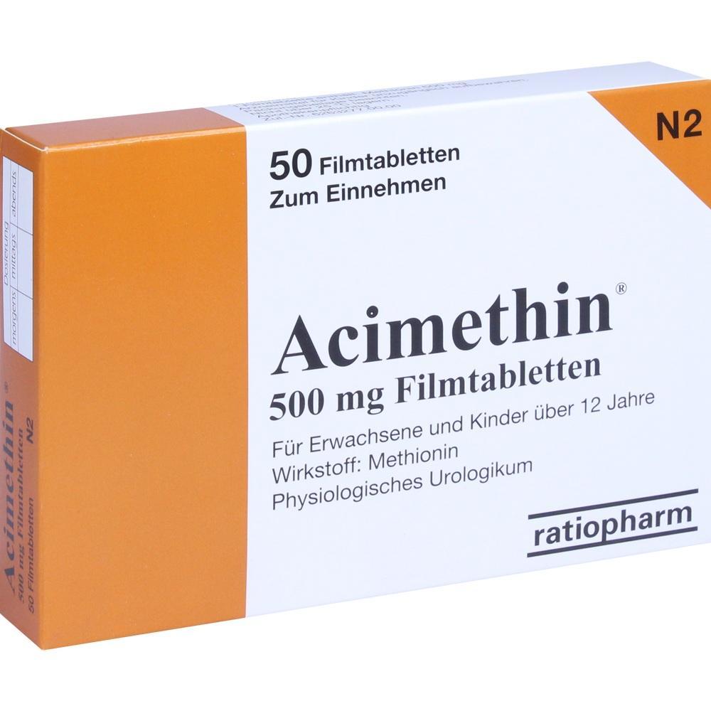 Eine Packung Acimethin-Tabletten mit 500 mg Wirkstoff Methionin.