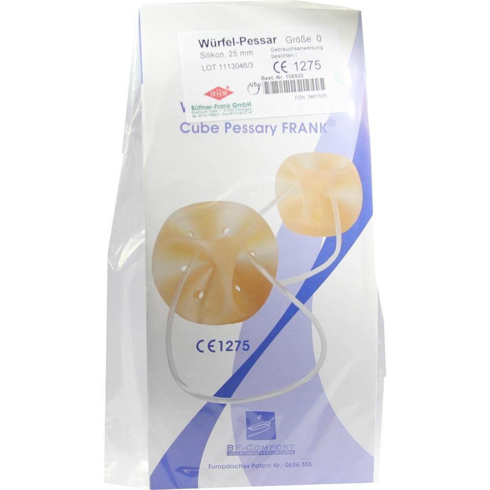 Verpackung eines medizinischen Würfel-Pessars aus Silikon in der Größe 25 mm.