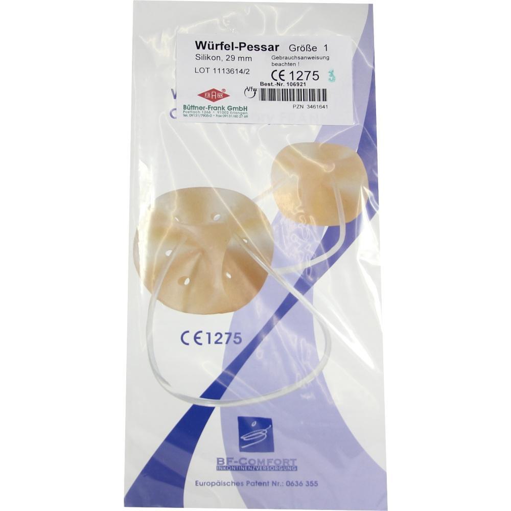 Verpackung mit einem Würfel-Pessar aus Silikon in Größe 1.