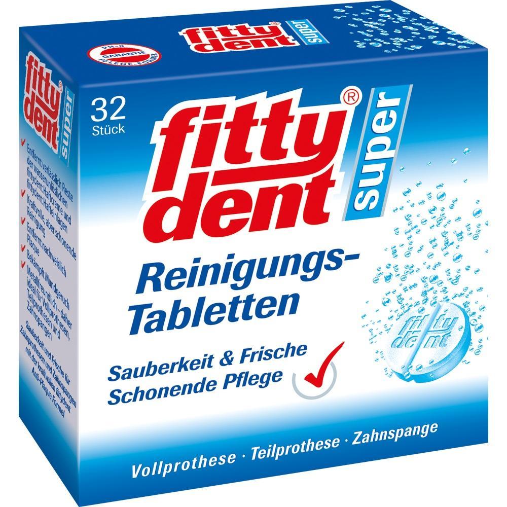 Eine Packung "Fittydent" Reinigungstabletten für Zahnersatz und Zahnspangen.