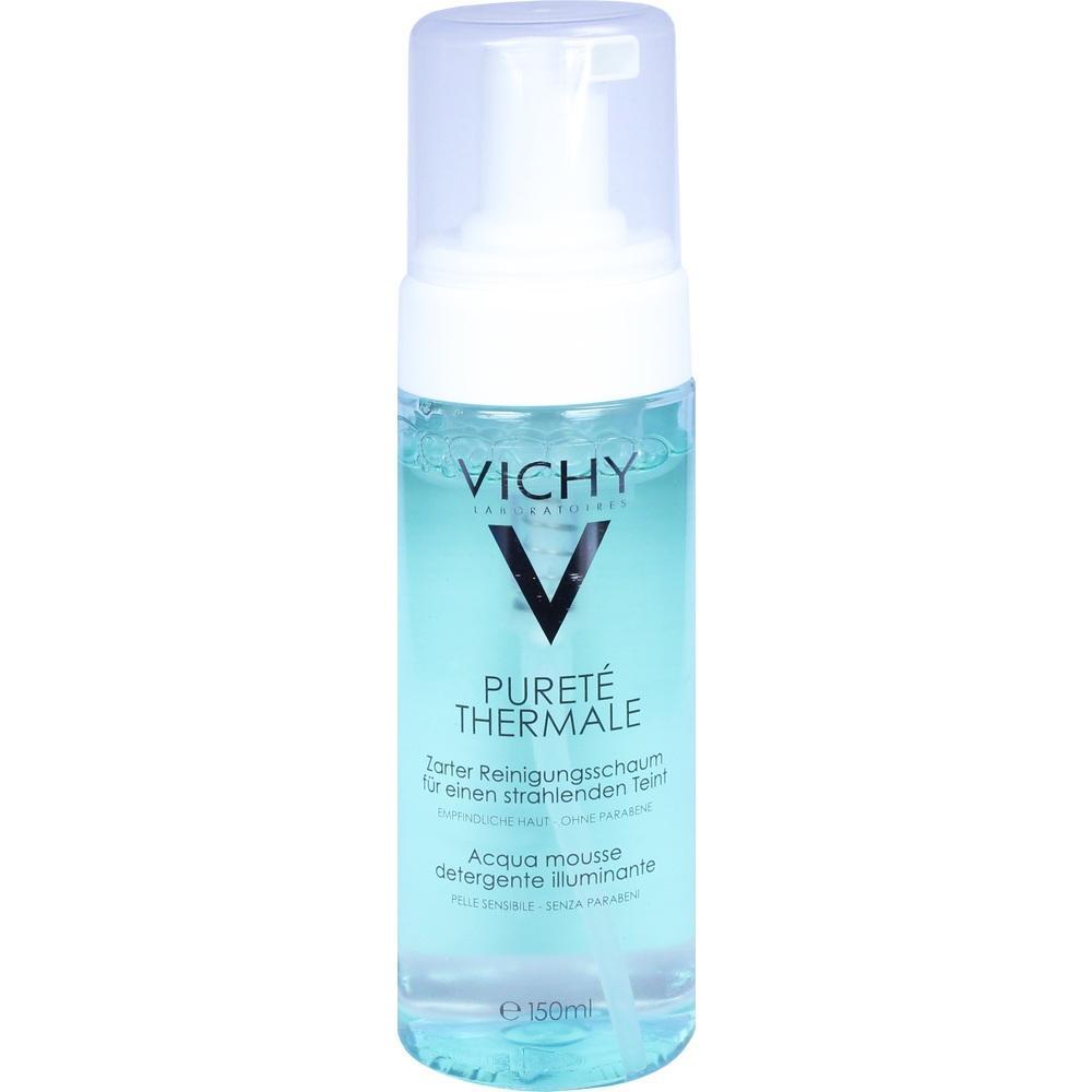 Eine blaue Flasche mit Schaumspender, auf der "Vichy Pureté Thermale" steht.