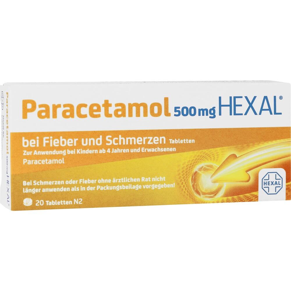 Packung Paracetamol HEXAL 500 mg Tabletten gegen Fieber und Schmerzen.