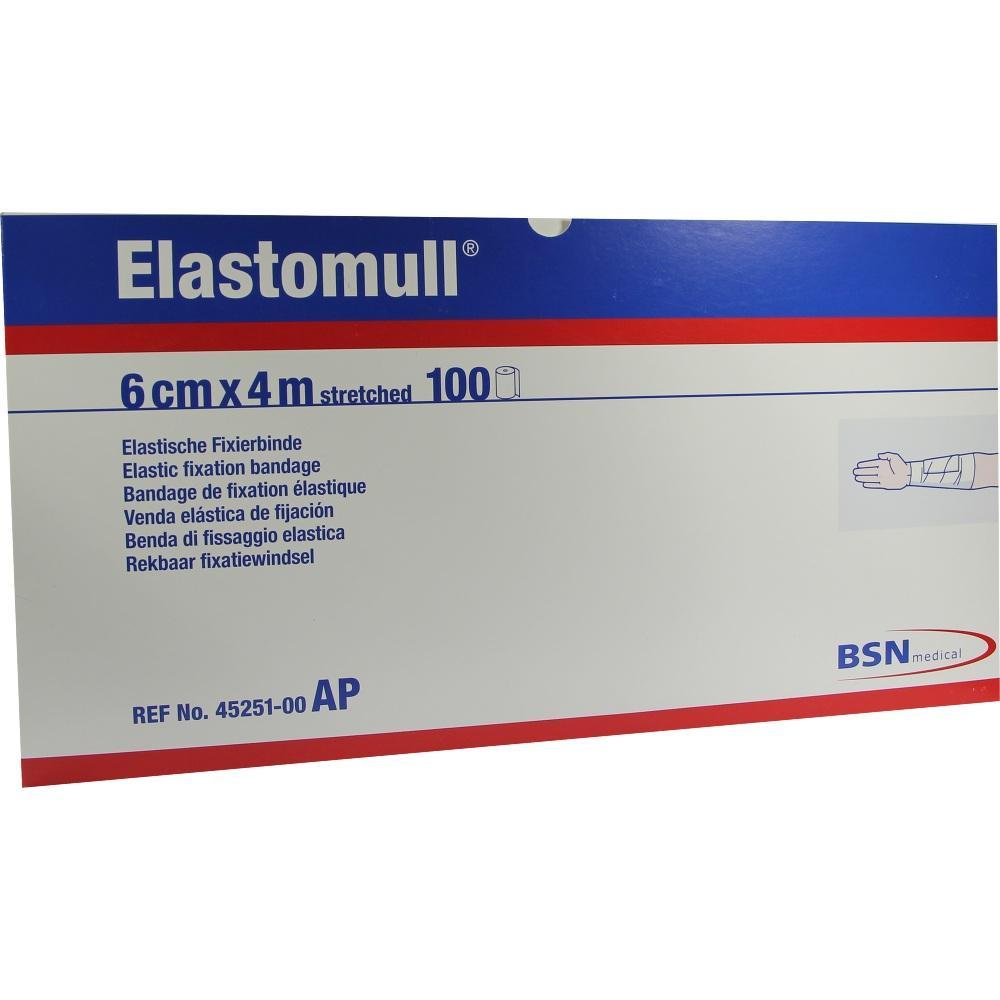 Verpackung einer elastischen Fixierbinde von Elastomull mit blau-rotem Design.