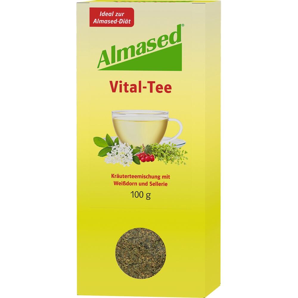 Gelbe Teepackung mit Aufschrift "Almased Vital-Tee" und Bildern von Kräutern und Tee.