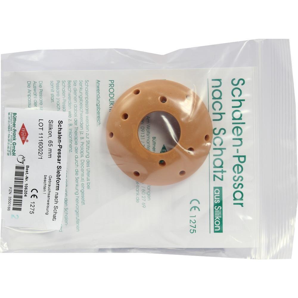 Braunes Silikon-Schalen-Pessar in einer durchsichtigen Verpackung.