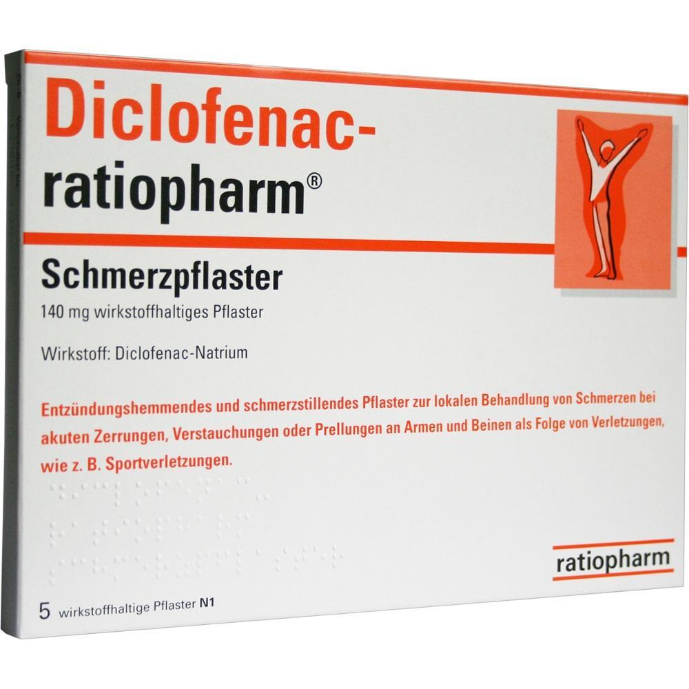 Eine Packung Diclofenac-Schmerzpflaster zur Behandlung von Schmerzen und Entzündungen.