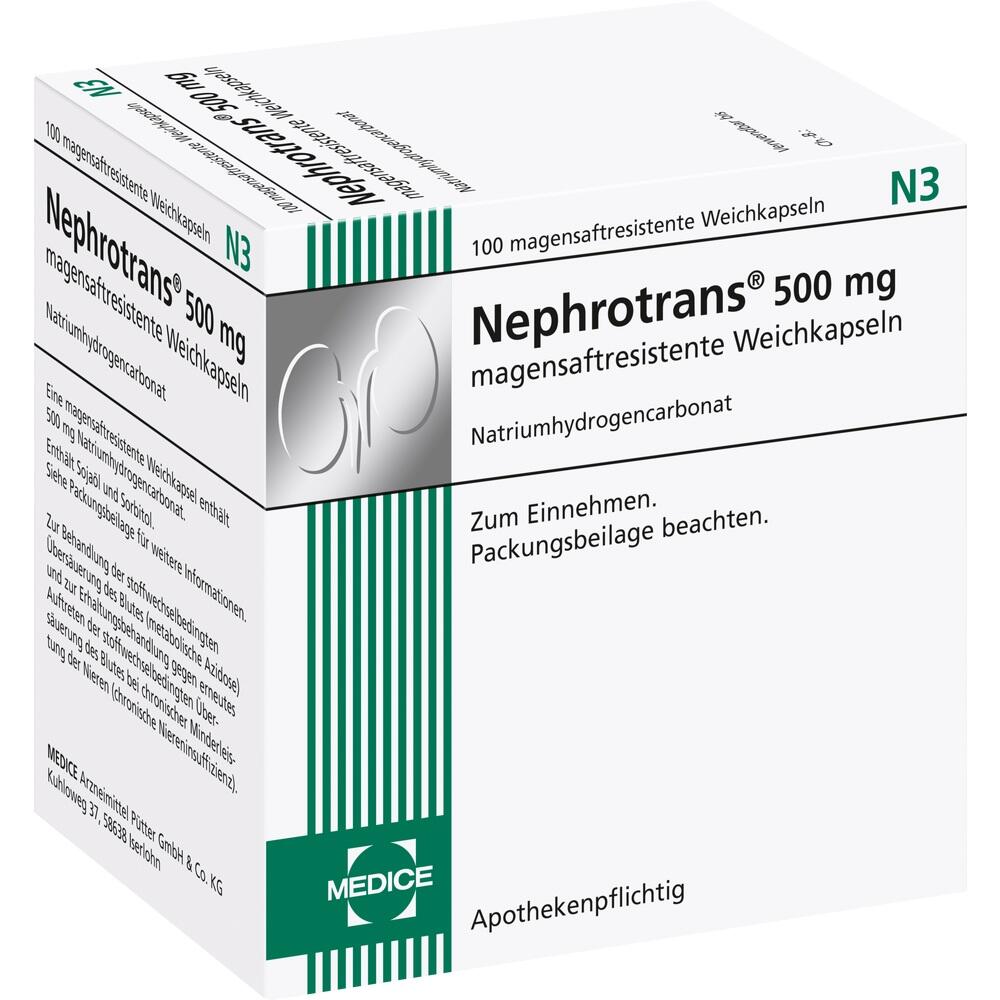 Eine weiße Medikamentenverpackung mit der Aufschrift "Nephrotrans 500 mg".