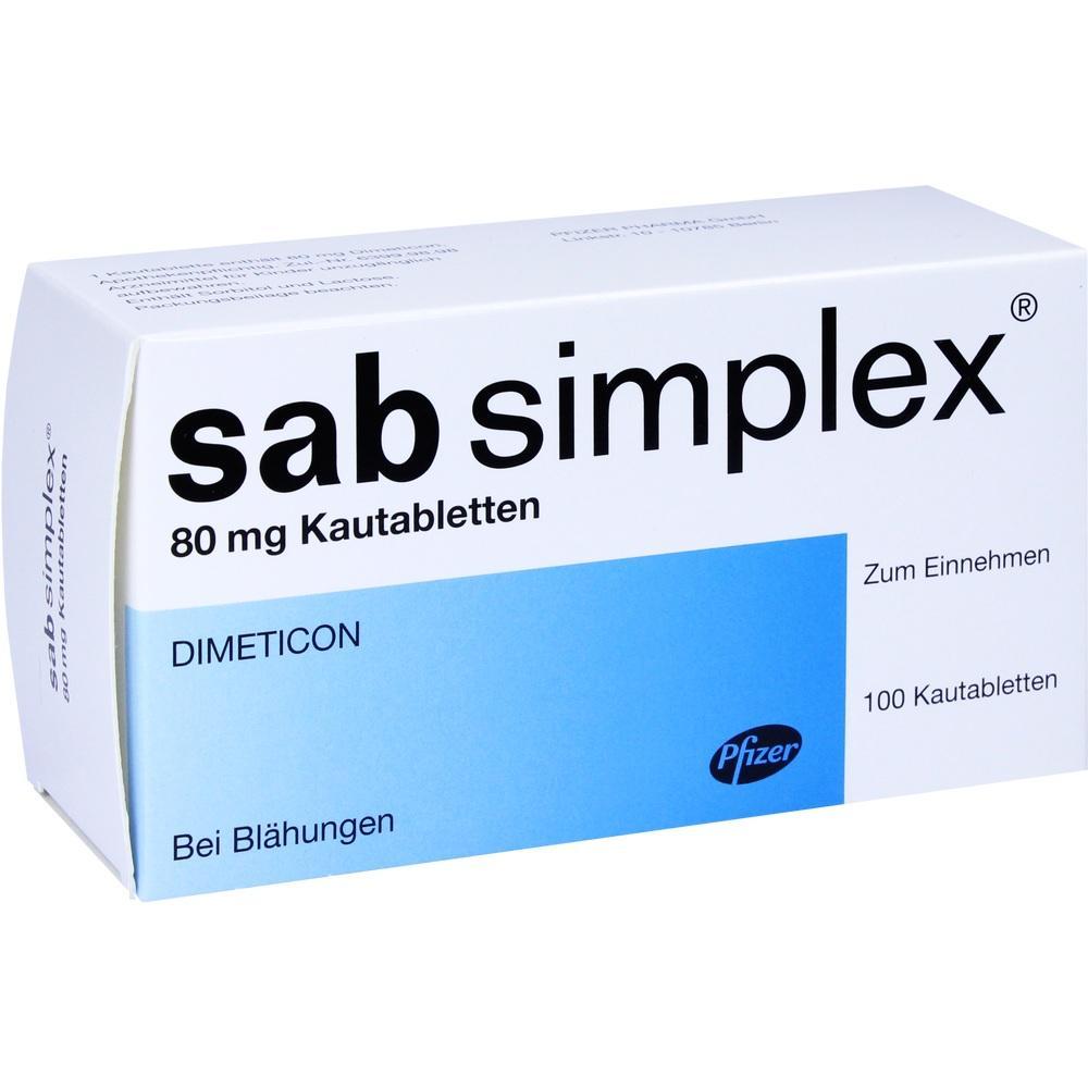 Weiße Packung Sab Simplex Kautabletten gegen Blähungen.