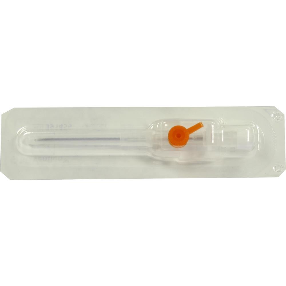 Ein medizinisches Gerät in Plastikverpackung mit einem orangefarbenen Ventil.