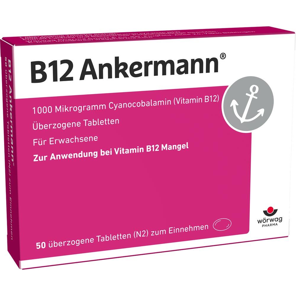 Eine Packung B12 Tabletten für Erwachsene gegen Vitamin B12 Mangel.