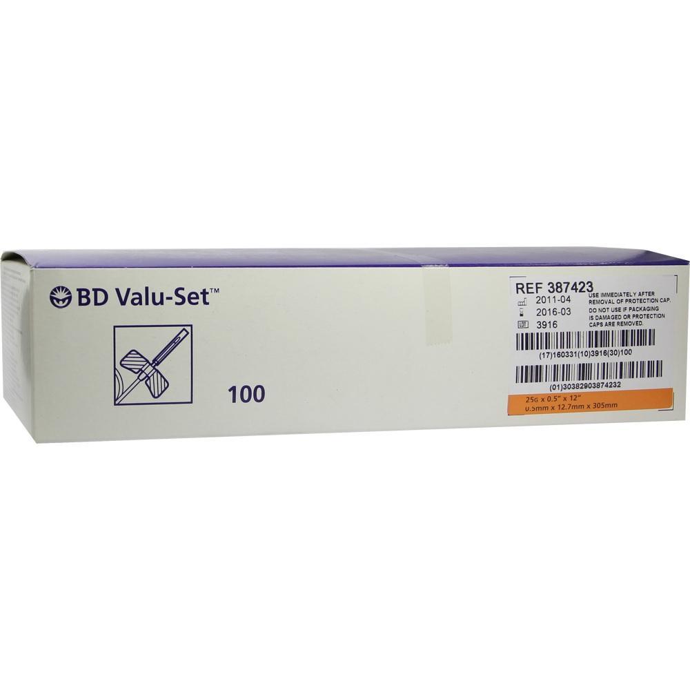 Lange weiße Box mit der Aufschrift "BD Valu-Set" und einem Barcode.