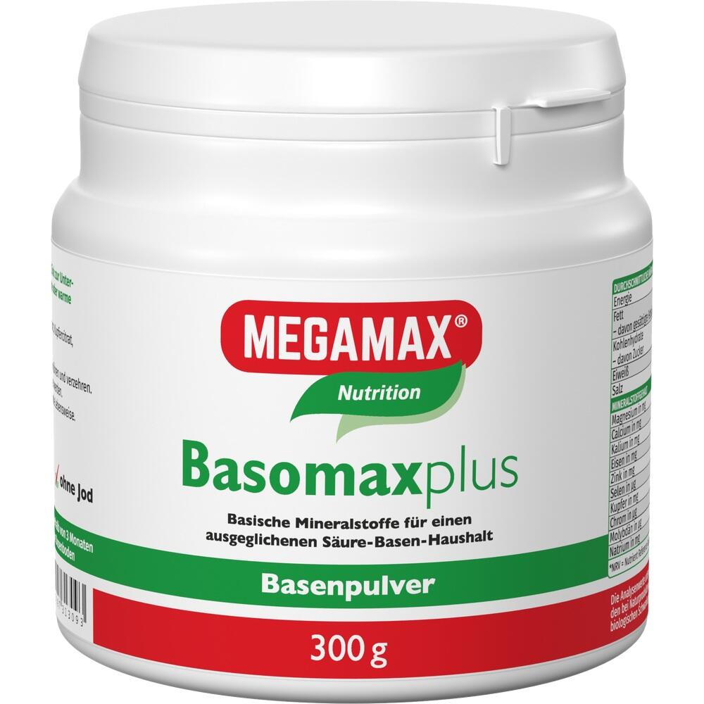 Weiße Dose Basenpulver mit rotem und grünem Etikett, 300 g, von Megamax Nutrition.