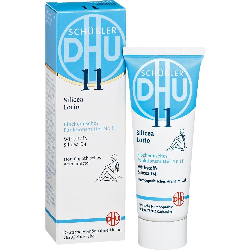 Eine blaue und weiße Verpackung und Tube der Schüßler Silicea Lotion Nr. 11.