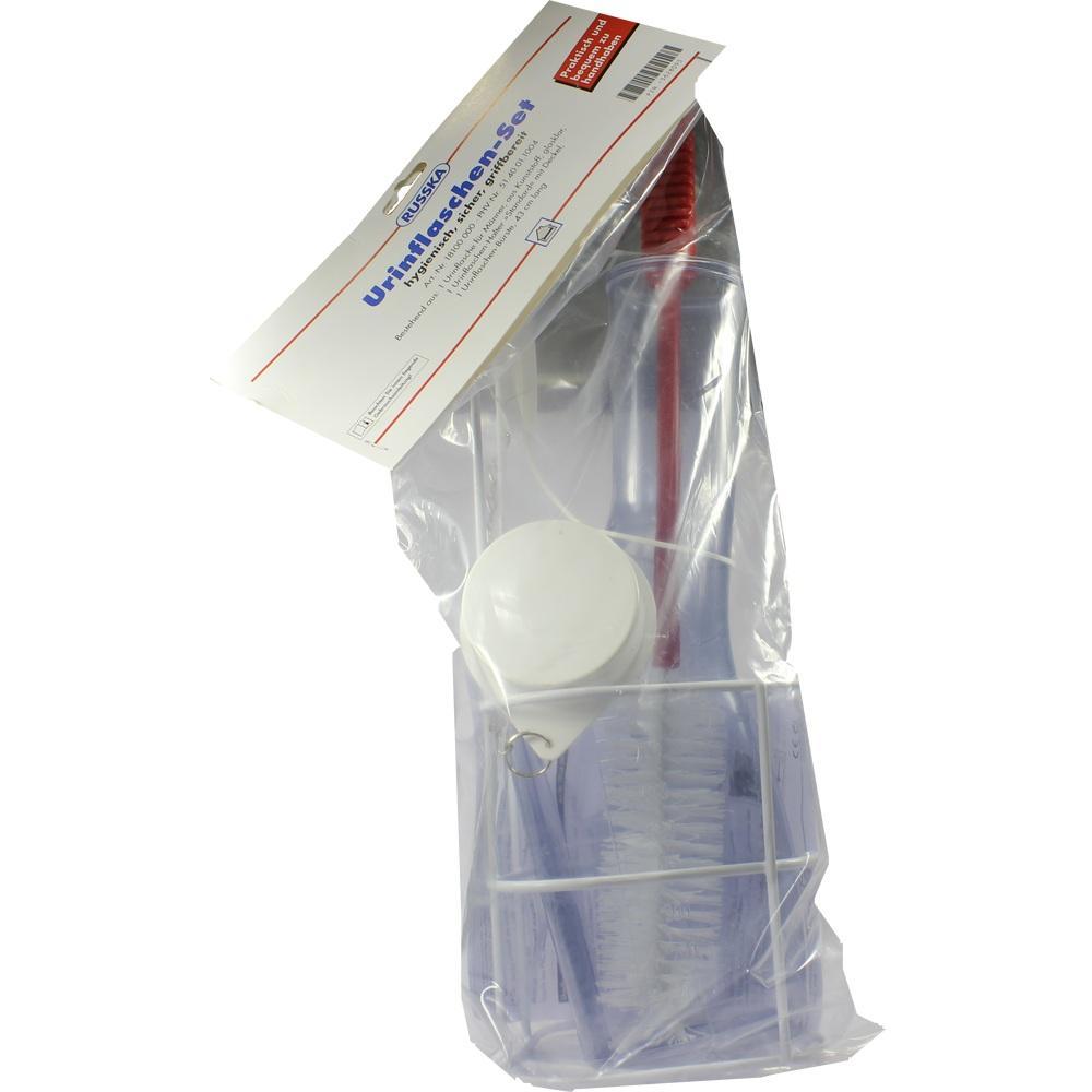 Ein Urinal-Set in einer transparenten Plastiktüte verpackt.