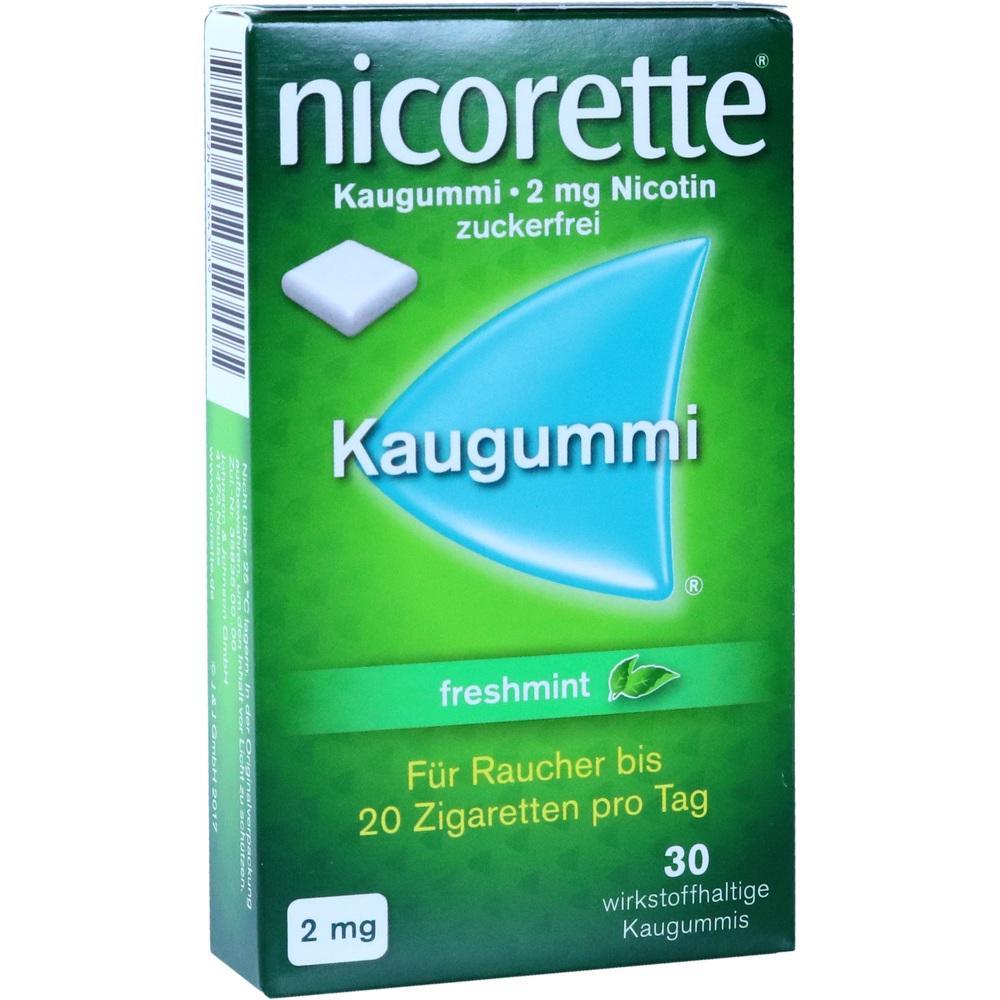 Grüne Packung Nicorette Kaugummi mit 2 mg Nikotin, freshmint, für Raucher bis 20 Zigaretten täglich.