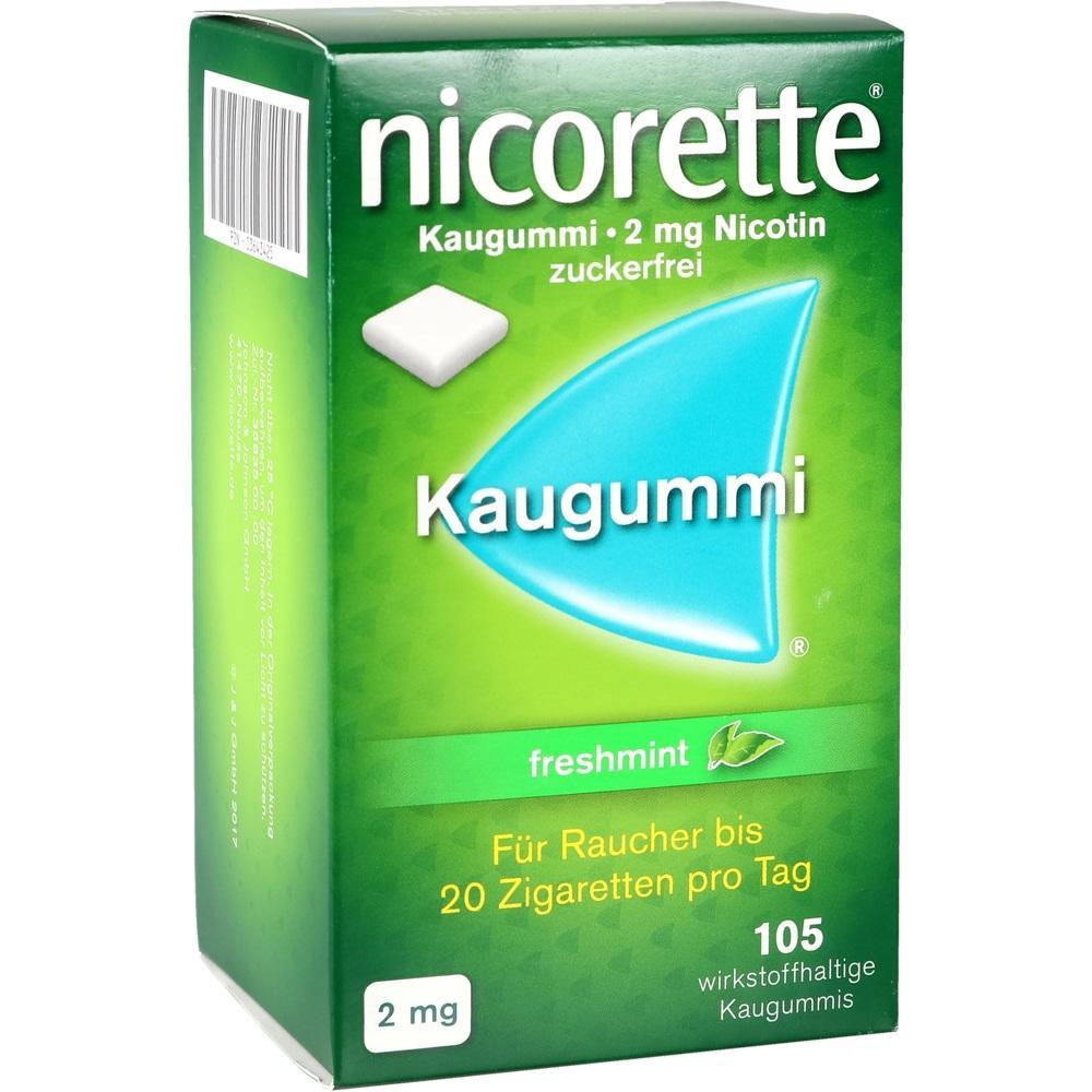 Grüne Packung Nicorette Kaugummis mit 2 mg Nikotin pro Stück.