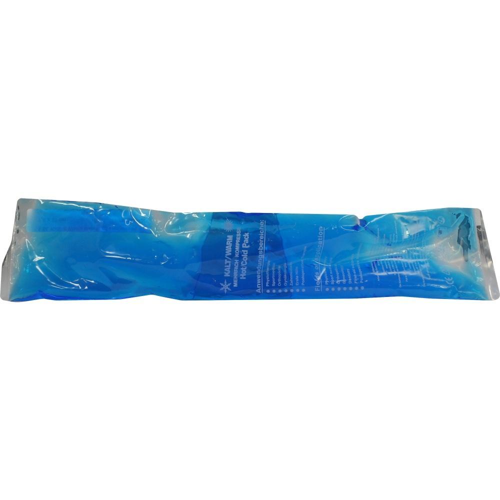 Ein blaues Kühlpack ist in einer durchsichtigen Plastikhülle verpackt.
