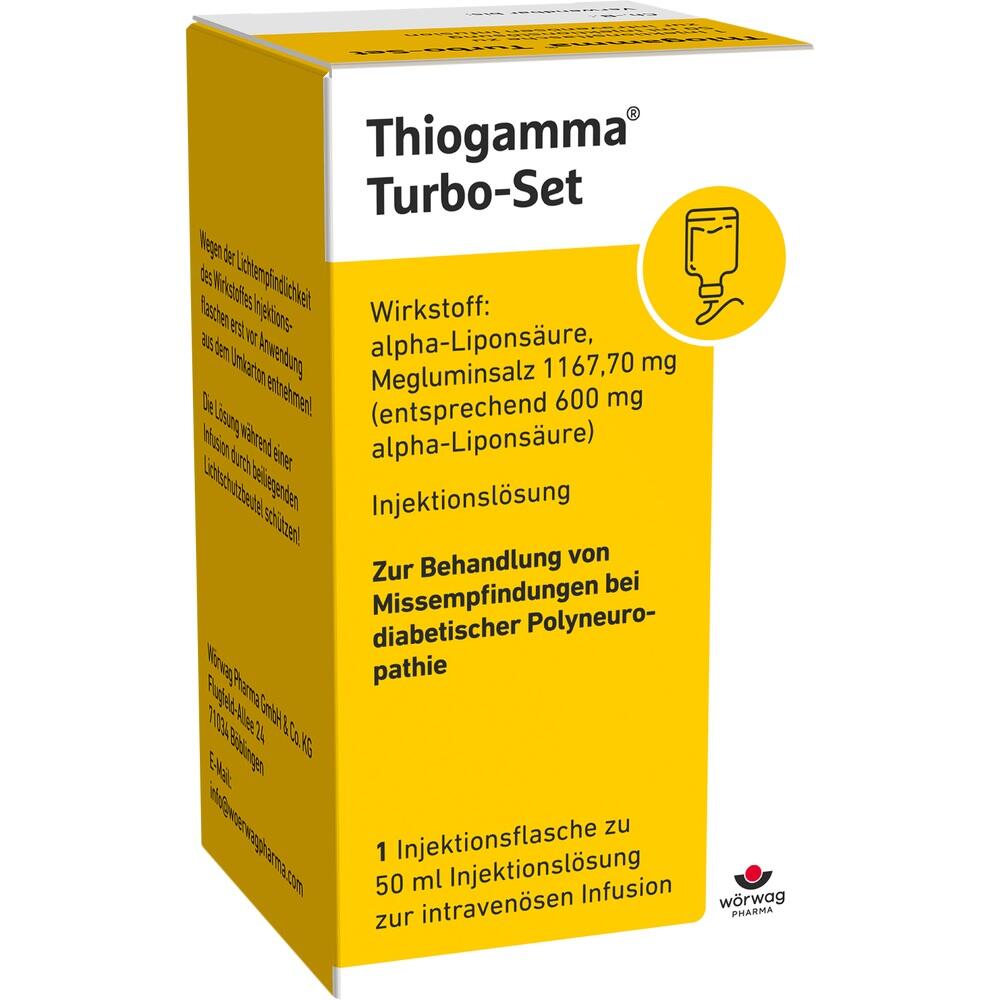 Gelbe Medikamentenverpackung für Thiogamma Turbo-Set zur Behandlung von Nervenschmerzen.