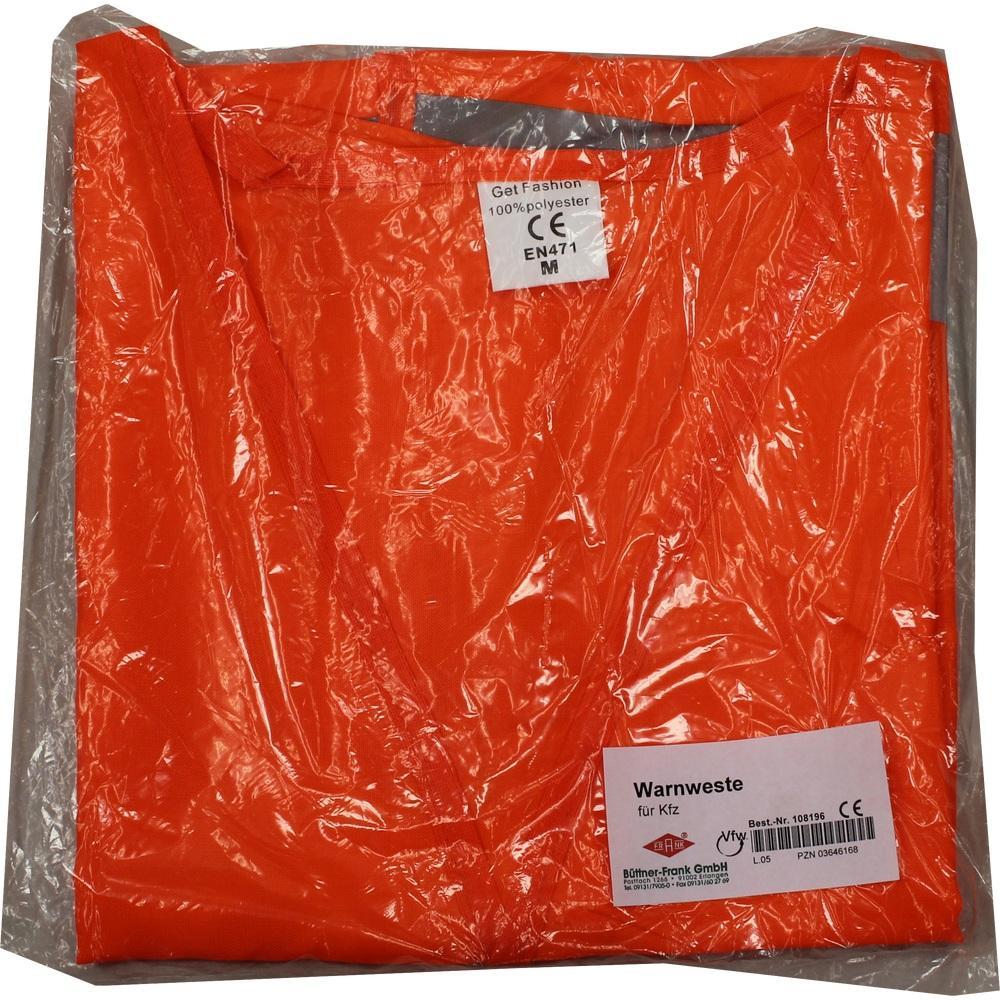 Orangefarbene Warnweste in einer durchsichtigen Verpackung.