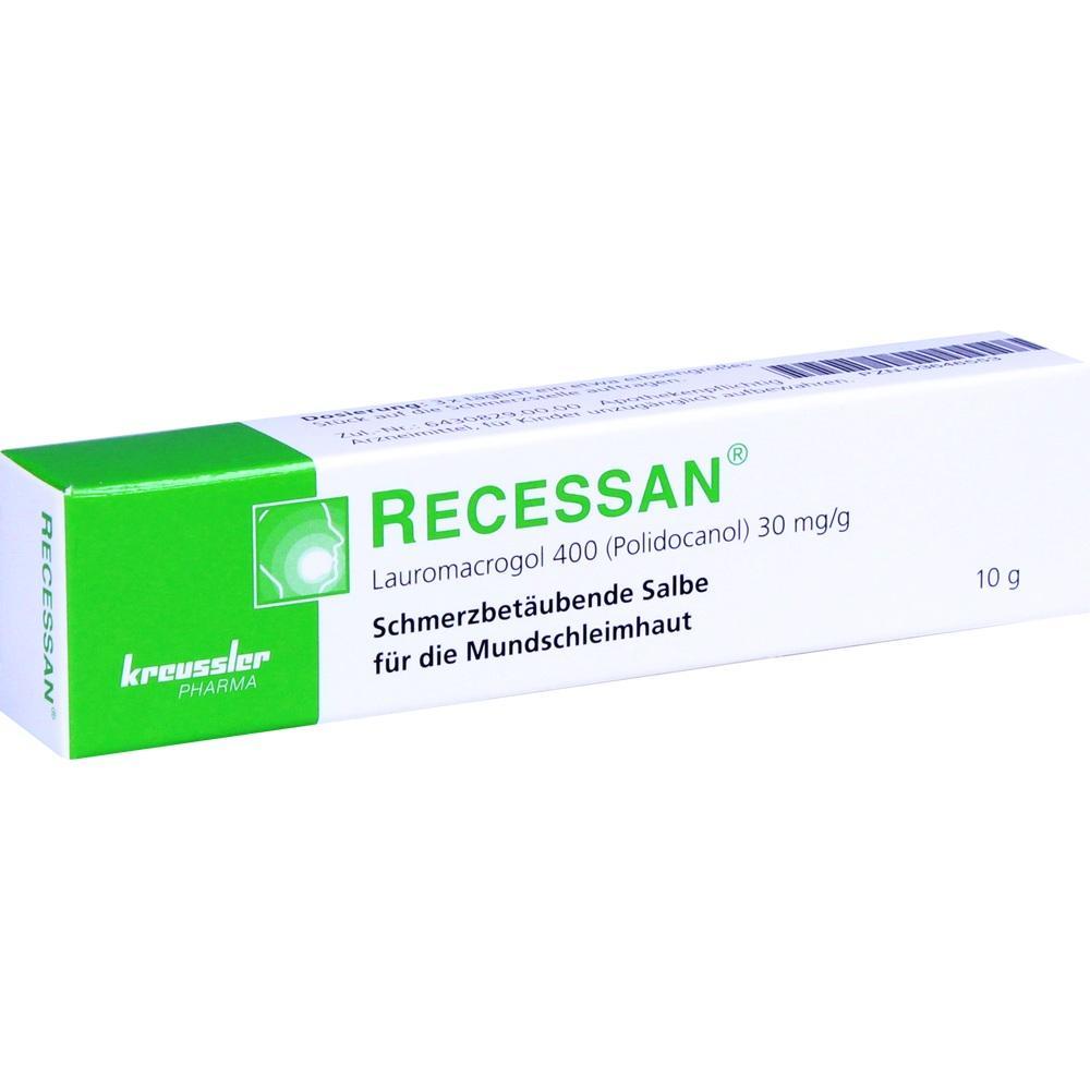 Eine grüne und weiße Salbenverpackung mit der Aufschrift "Recessan".