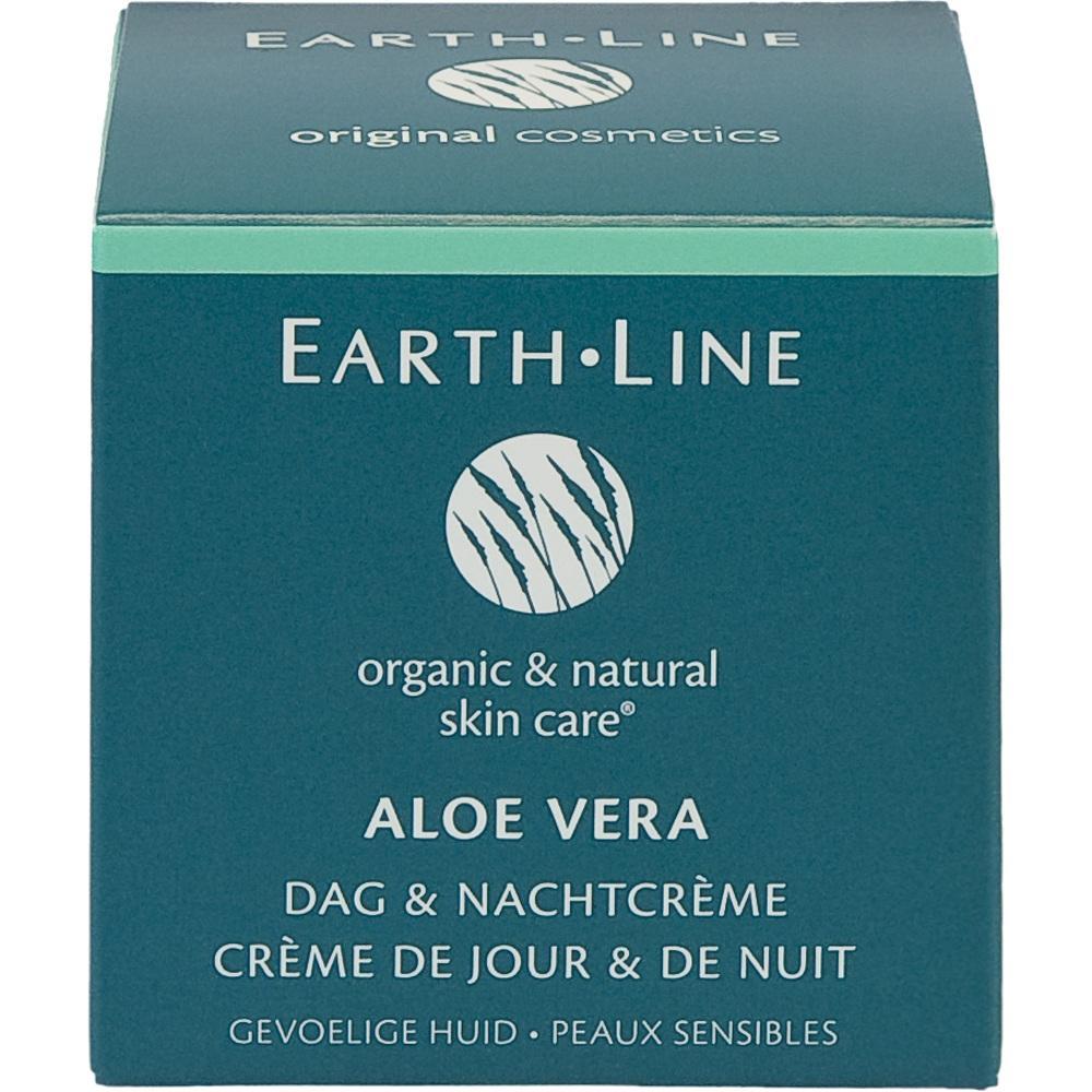 Blaue Verpackung mit der Aufschrift „Earth Line Aloe Vera Tages- und Nachtcreme“.