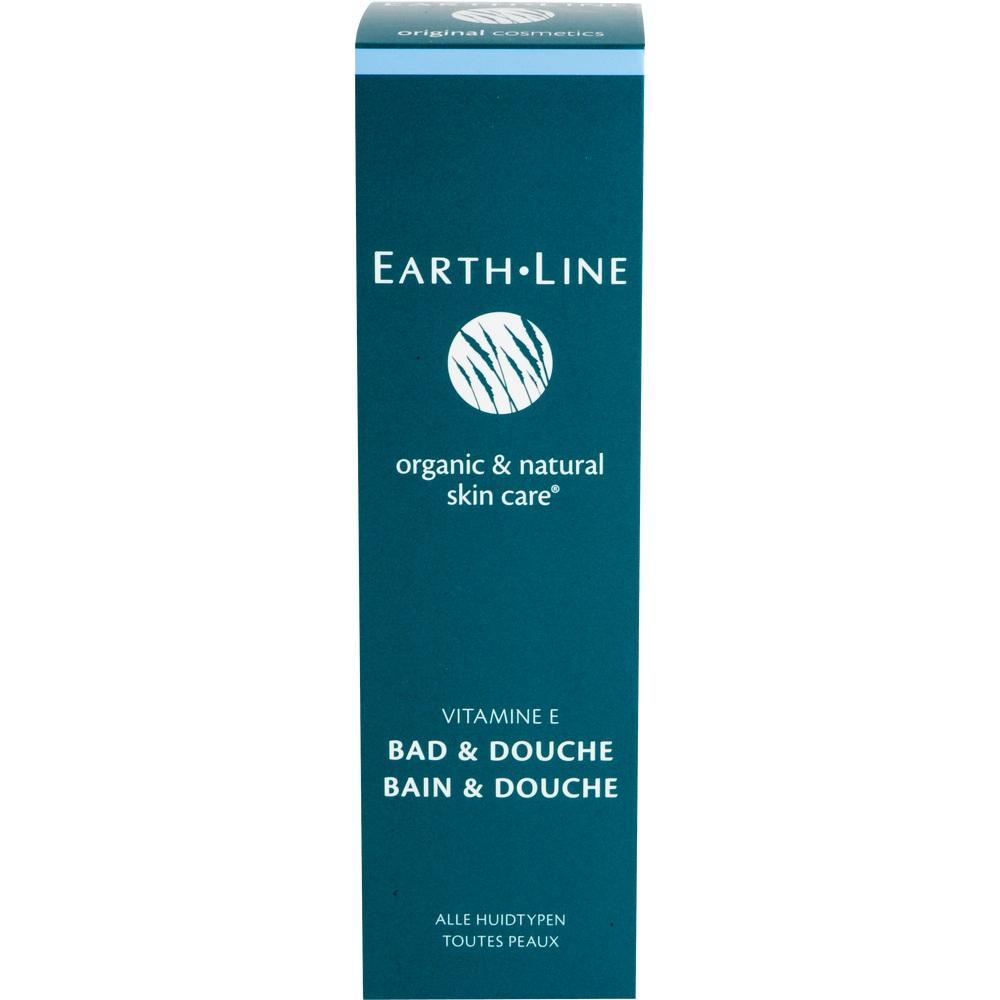 Blaue Verpackung von Earth Line Vitamin E Duschgel für alle Hauttypen.
