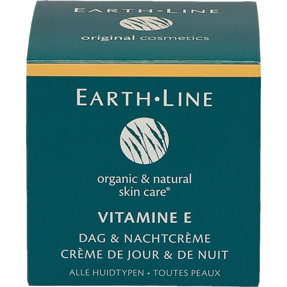 Eine blaue Box mit der Aufschrift "Vitamine E" und "Earth.Line" für Hautpflege.