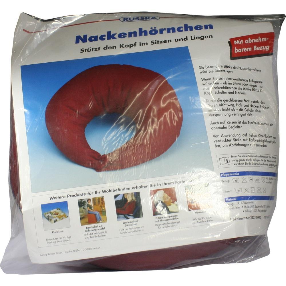 Rotes Nackenhörnchen in Verpackung mit Beschreibung auf Deutsch.