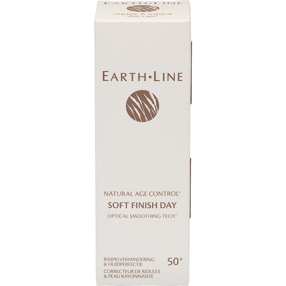 Weiße Verpackung von Earth Line mit braunem Logo und Text über Hautpflege.