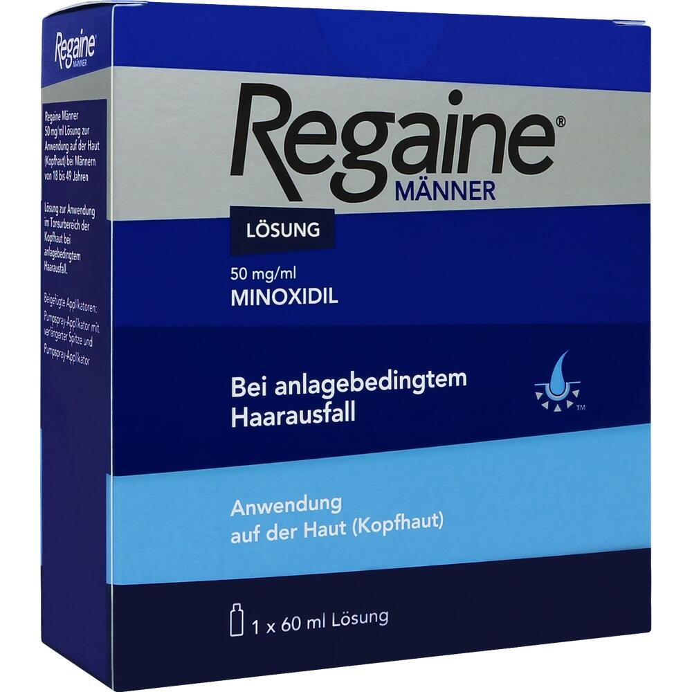 Eine blaue Packung eines Haarwuchsmittels für Männer gegen Haarausfall.