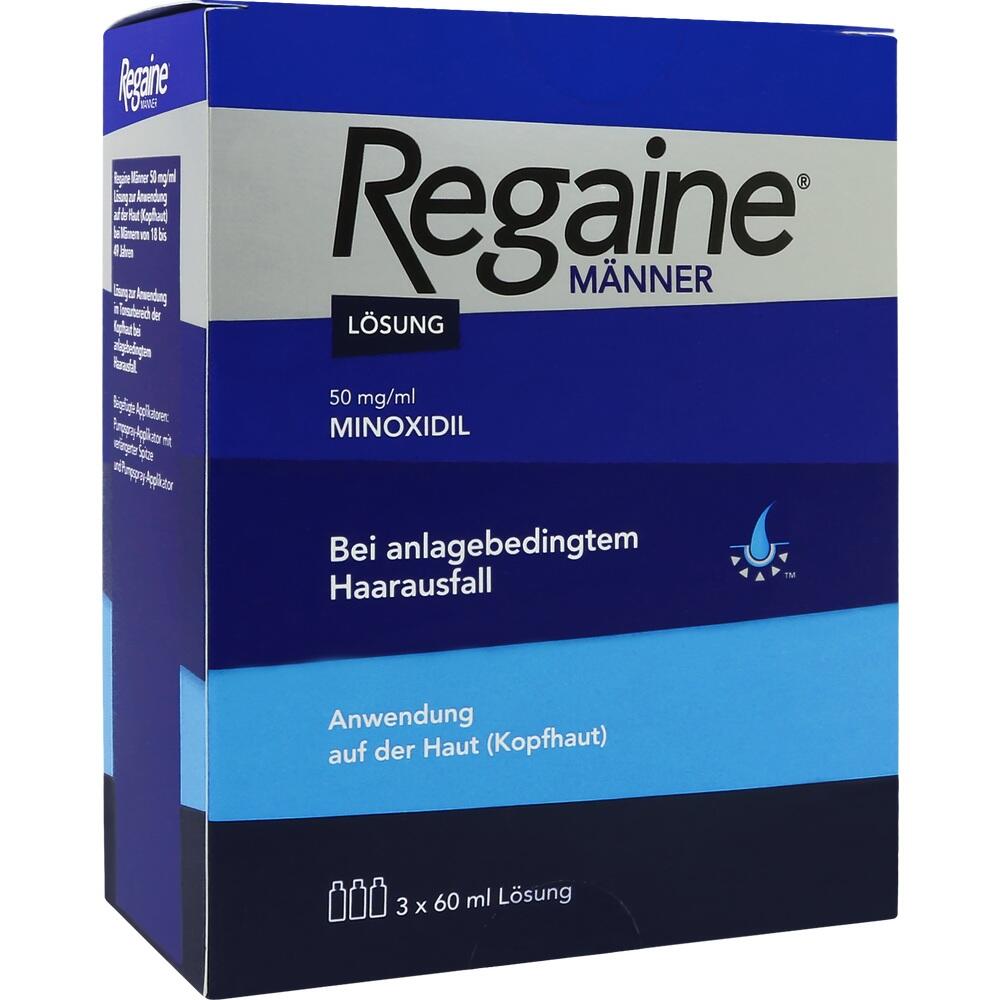 Blaue Verpackung von Regaine für Männer gegen erblich bedingten Haarausfall.