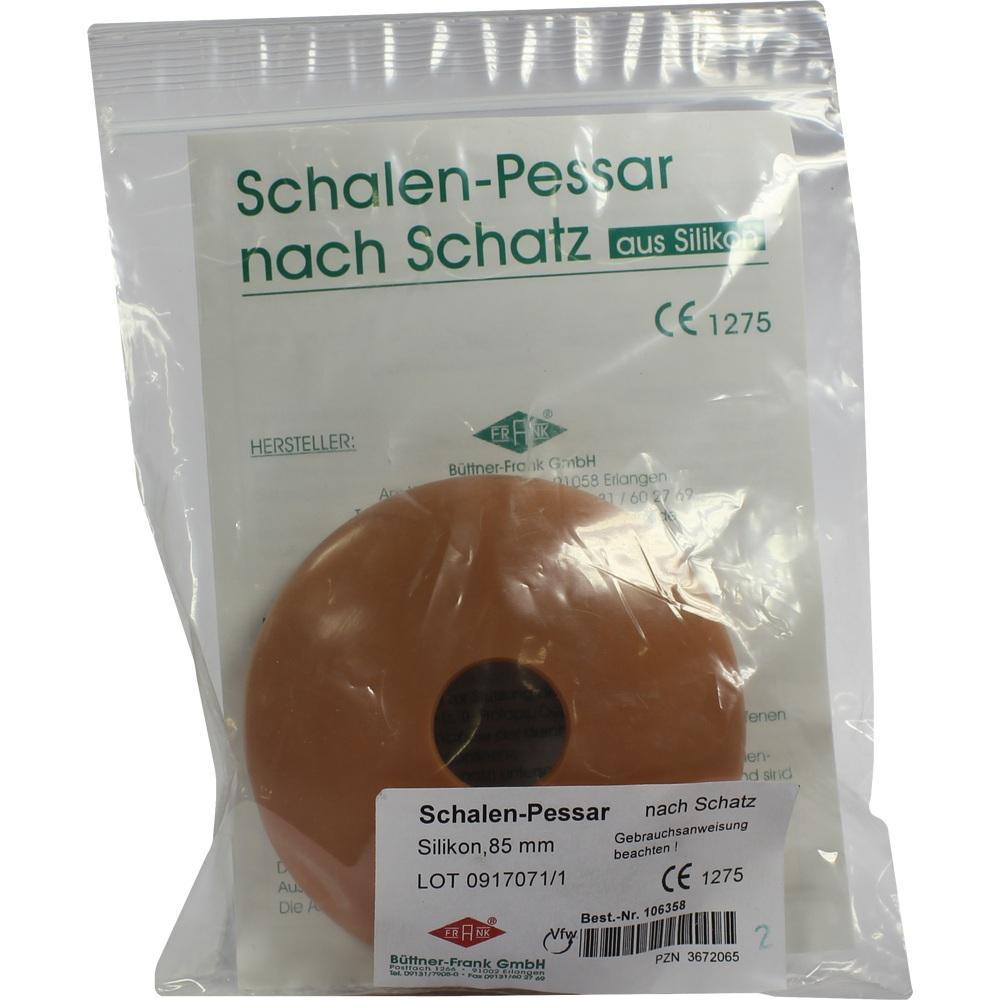 Ein runder, brauner Schalen-Pessar in einer transparenten Plastikverpackung.