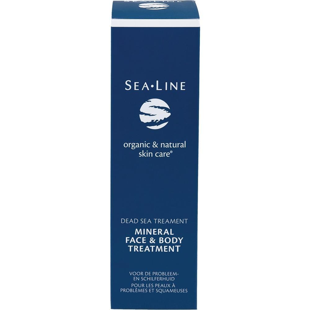 Blaue Verpackung mit Aufschrift „Mineral Face & Body Treatment“ für Hautpflege.